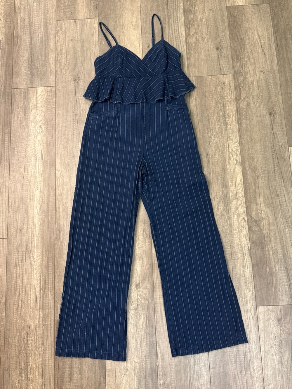 Anthropologie Navy Pinstripe Ruffle-Front Wide-Leg Jumpsuit